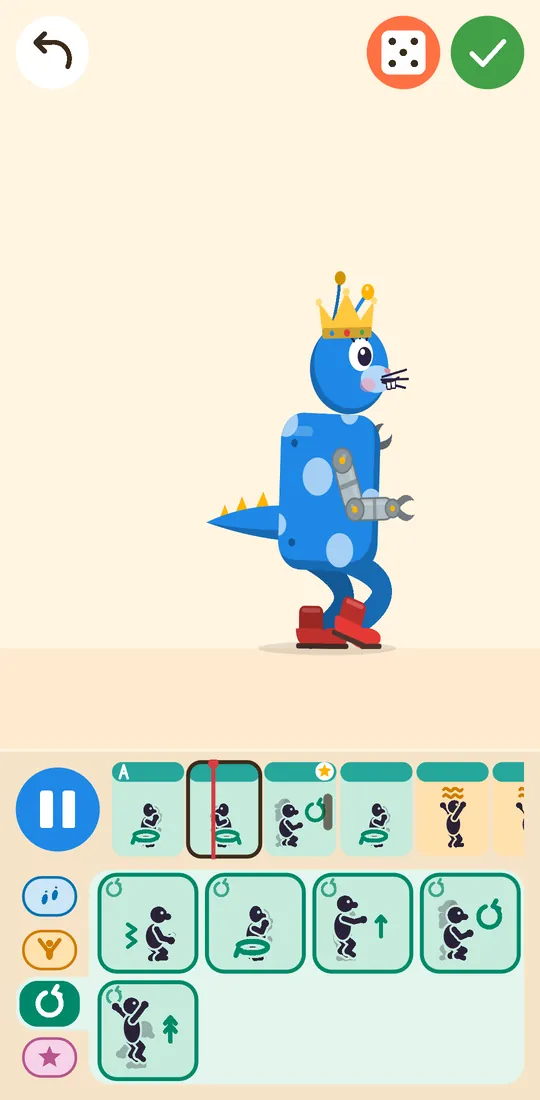A blue critter with a crown, robot arms and a dinosaur tail dancing, with dance-move cards below it.