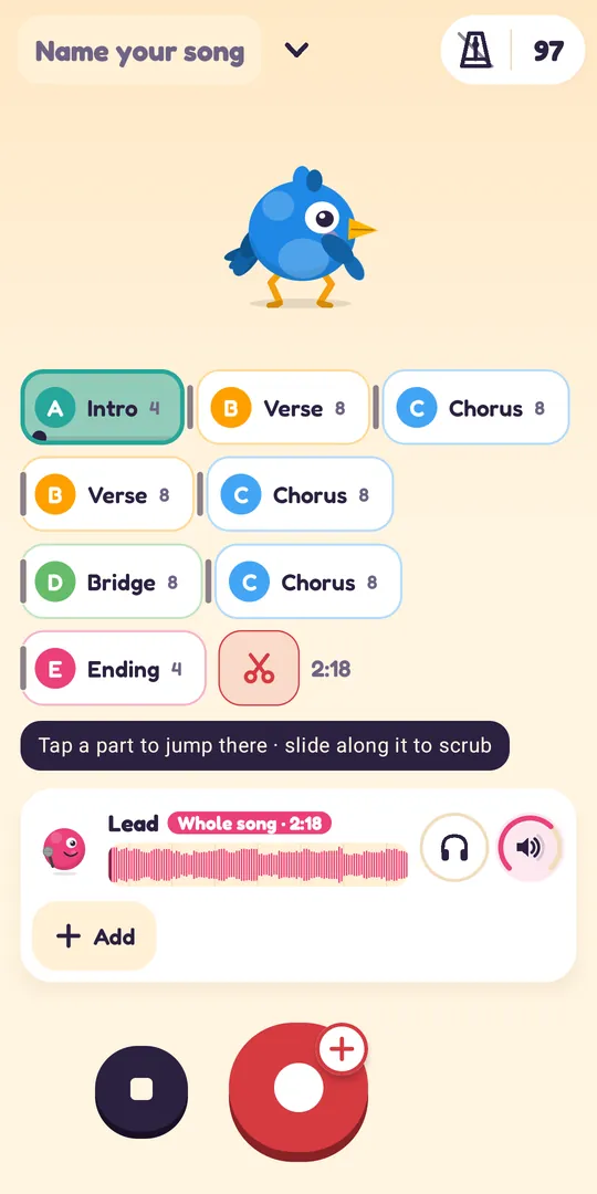 A song split into parts: Intro, Verse, Chorus, Bridge and Ending buttons above the sung track.